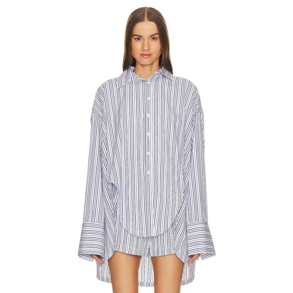 Ronny Kobo XS Striped Oversized Button Down Shirt Blue White Cotton Canada